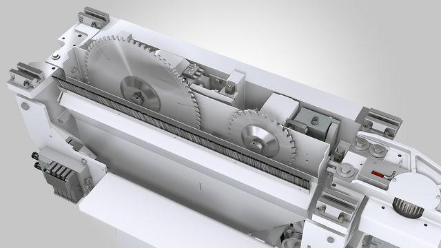 Automatic, infinitely variable cutting height adjustment for optimised saw blade projection and thus for a clean cutting edge.